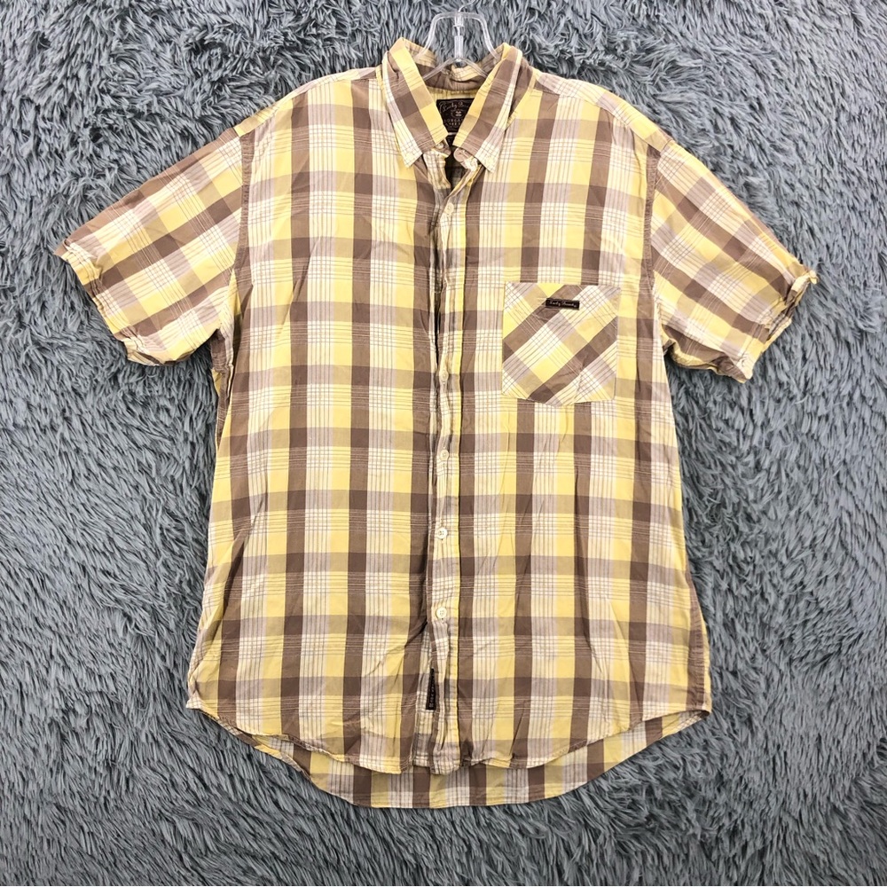 Lucky Brand Shirt Mens Large 100 Cotton Button Down Plaid Yellow Brown Shirt